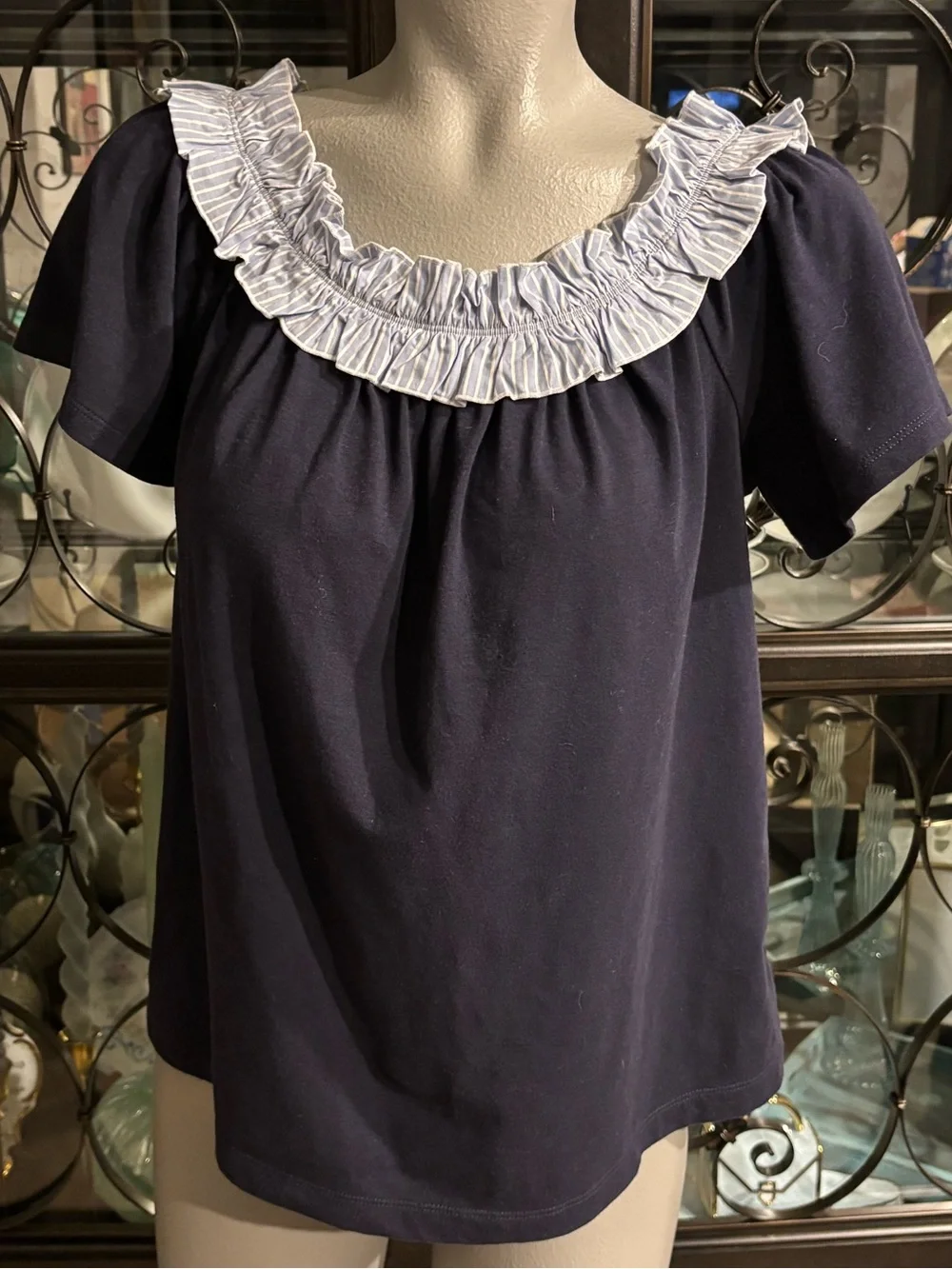 Kate Spade New York Off-the-Shoulder Seersucker Ruffle Top Navy Blue Medium